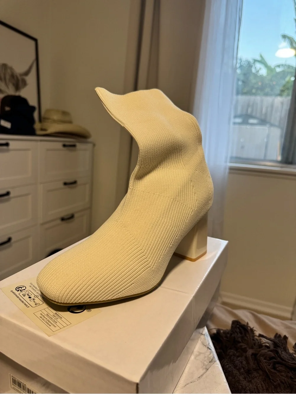 SHEIN Cream Knit Ankle Sock Boots with Block Heel